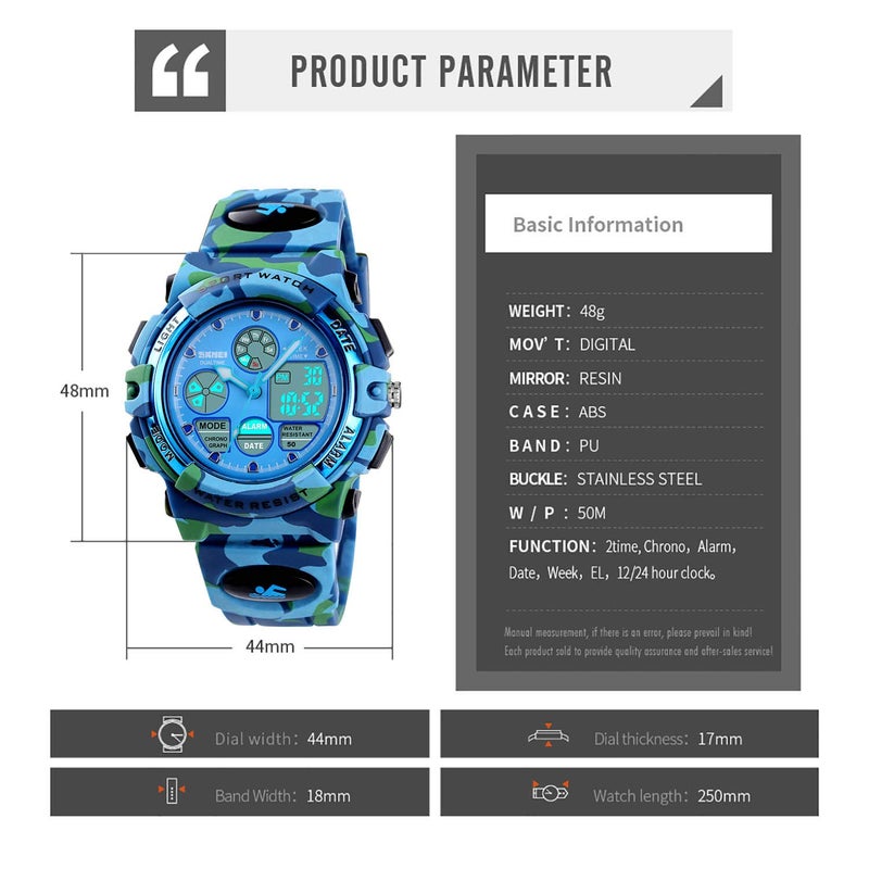 cofuo Camo Kid Watch Age 5-15, Kids Military Army Digital Sports Waterproof Watch for Kids Birthday Presents Camouflage Gifts Toys Age 5-16 Boys Girls Children Young Outdoor Electronic Watches Stopwatch - Image 4